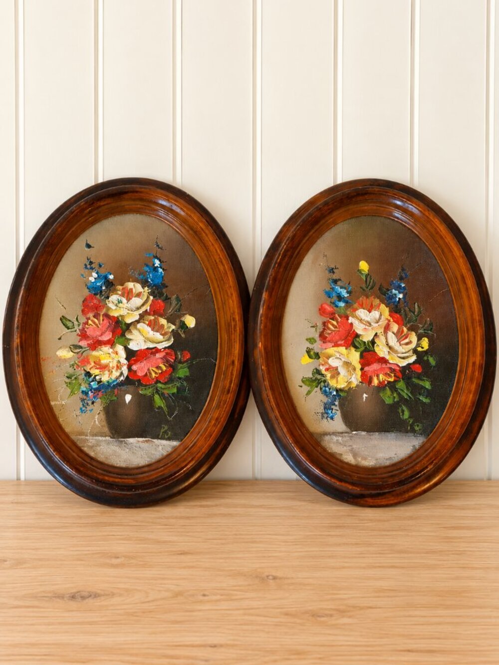 Vintage Floral Still Life Paintings Set 2 Oval Framed Flowers Folk Art Style 8"
